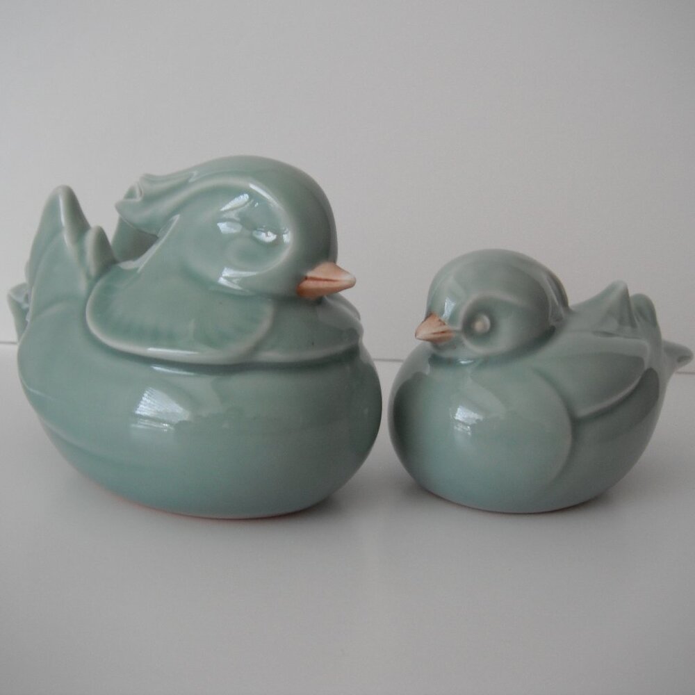 Vintage Duck Love Bird Pair Asian Glazed Celadon Light Green Porcelain Ceramic